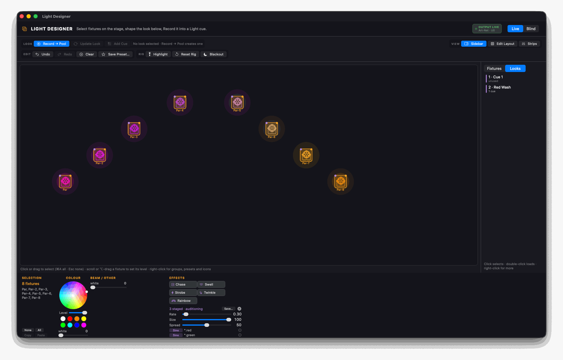 The CueStudio Light Designer: eight par cans in an arc on the stage plan, lit magenta and amber, with the colour wheel, level fader and effects in the programmer below and Record into a Light cue above.