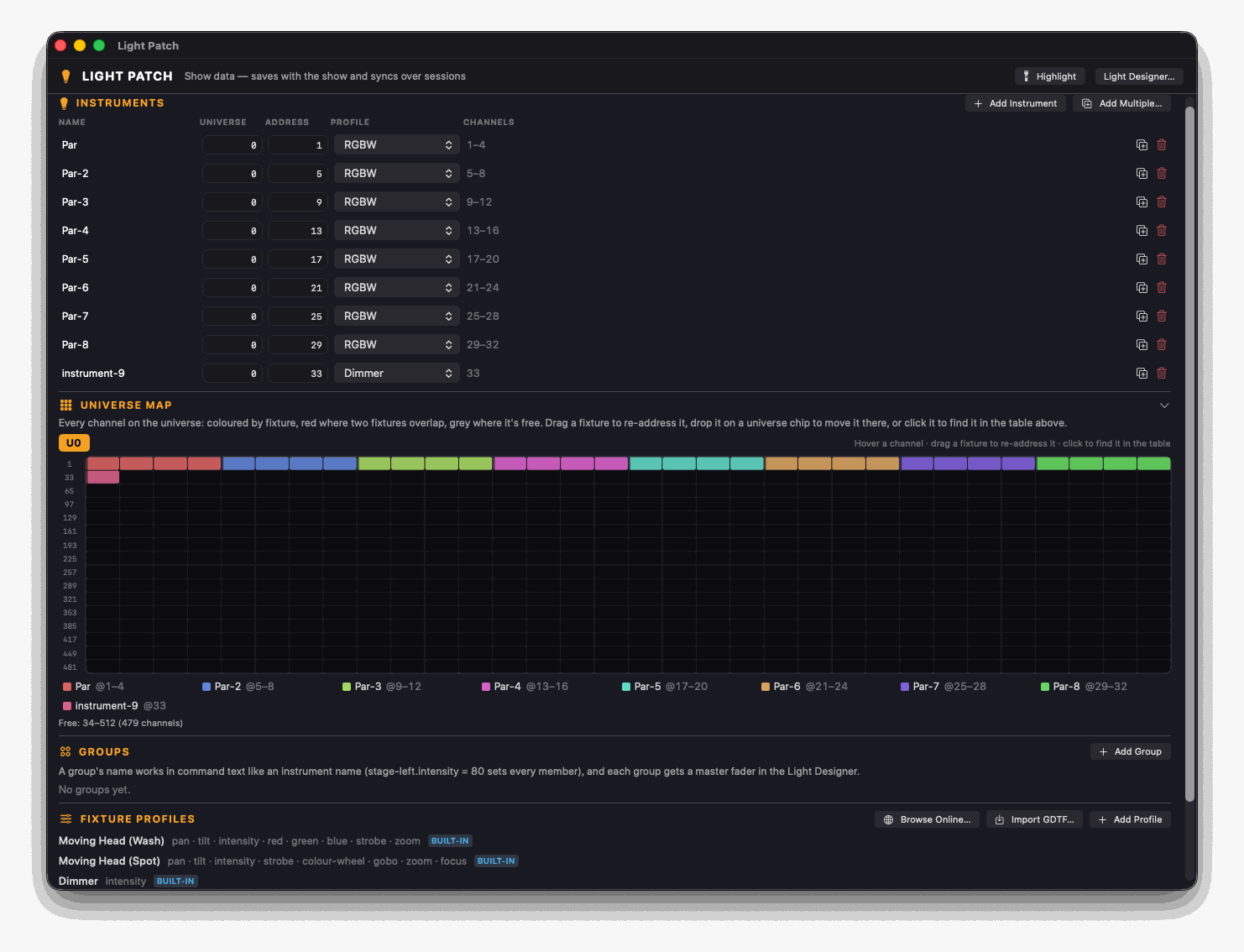 The Light Patch window: nine instruments with universe, address and profile, a universe map colouring every occupied DMX channel by fixture, and the built-in fixture profiles beneath.