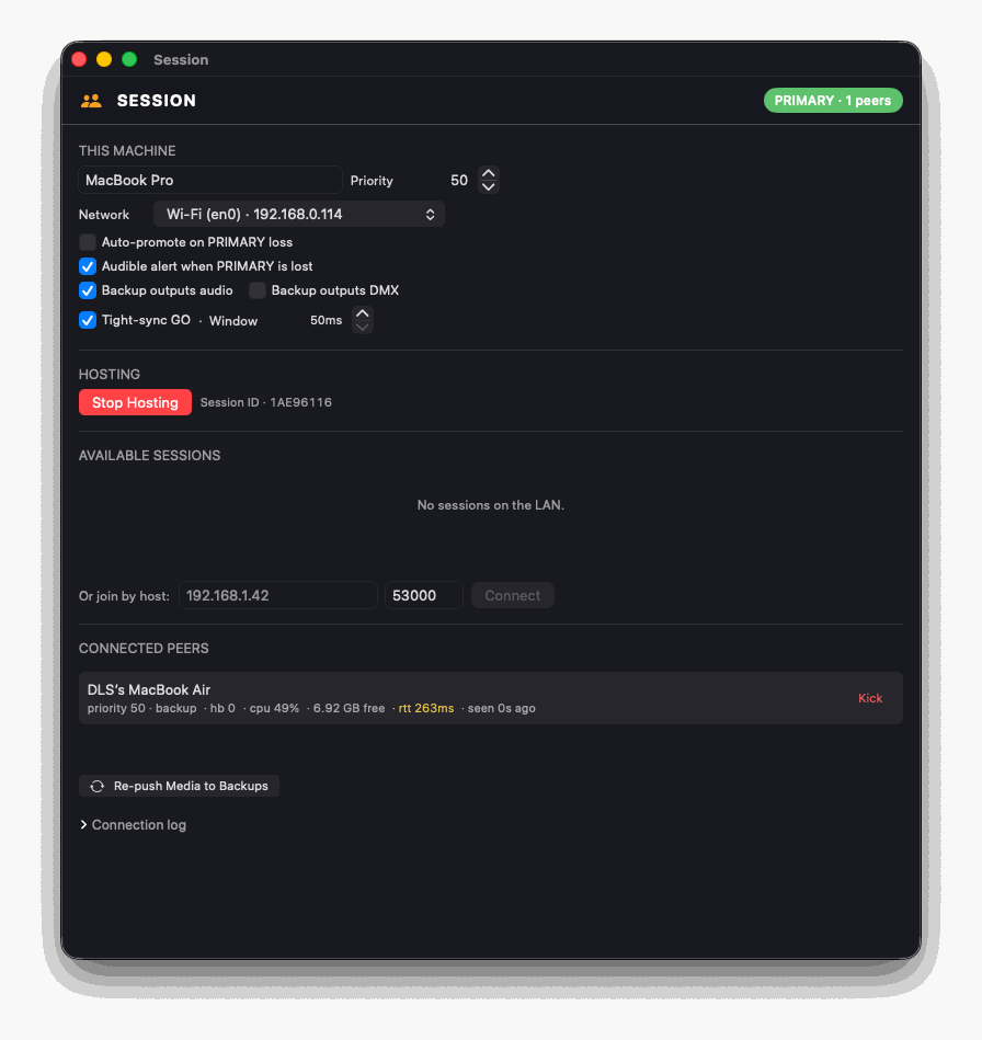 The Session window on the primary Mac: this machine hosting with tight-sync GO and backup audio on, and a connected backup peer showing its priority, CPU, free memory and round-trip time.